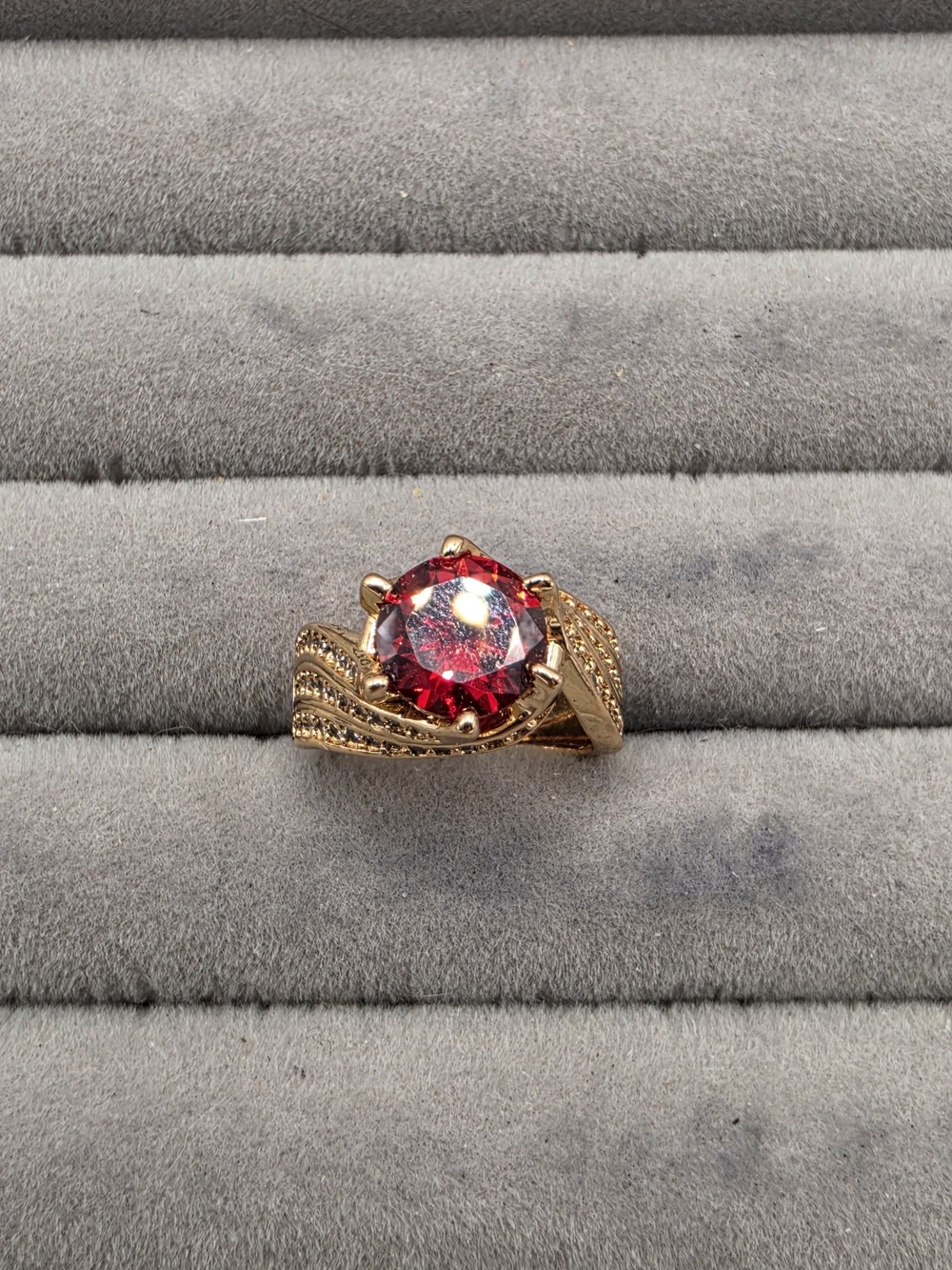Gold Adjustable Ring with Round Red Center Stone